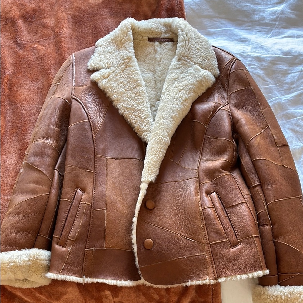 Vtg 70s-Style Genuine Shearling Sheepskin Leather Patchwork Jacket Brown Sz 10